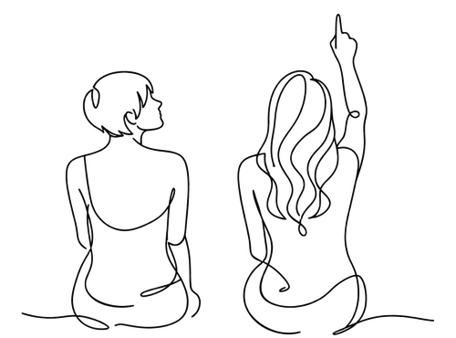 Zwei Frauen sehen auf eine Wand, auf der Probleme aufgelistet sind, bei denen Psychotherapie helfen kann.